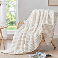 Bedelite Fleece Throw Blanket For Couch - 300Gsm Soft & Warm Fluffy Cream White Blanket  Decorative And Giftable Striped Blankets For Women  Men  50