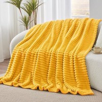 Bedelite Fleece Throw Blanket For Couch - 300Gsm Soft & Warm Fluffy Yellow Blanket  Decorative And Giftable Striped Blankets For Women  Men  50