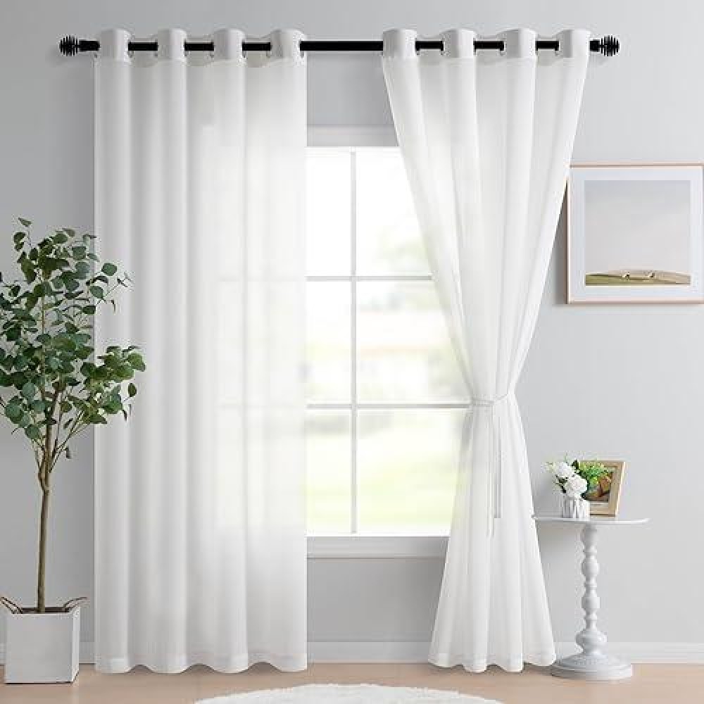 Hiasan Sheer Curtains 84 Inches Long With Tiebacks Light Filtering Semi Transparent Chiffon Drapes Voile Grommet Window Curtain