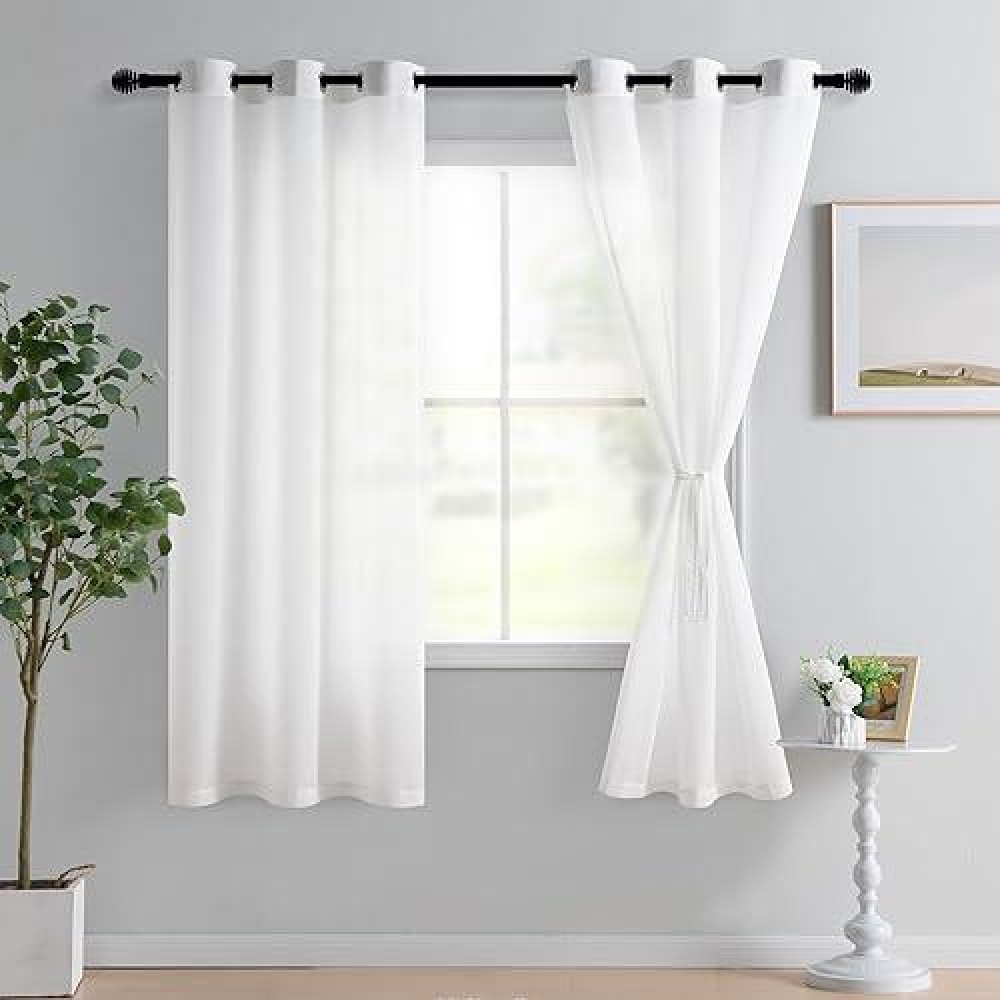 Hiasan Sheer Curtains 63 Inches Long With Tiebacks Voile Textured Light Filtering Chiffon Drapes Grommet Window Curtains For Li