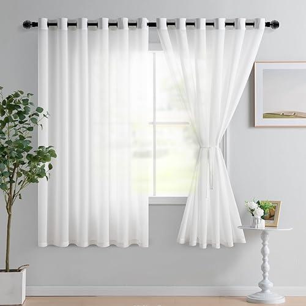 Hiasan Sheer Curtains For Bedroom With Tiebacks Light Filtering Chiffon Voile Textured Curtains Extra Wide Grommet Window Drape