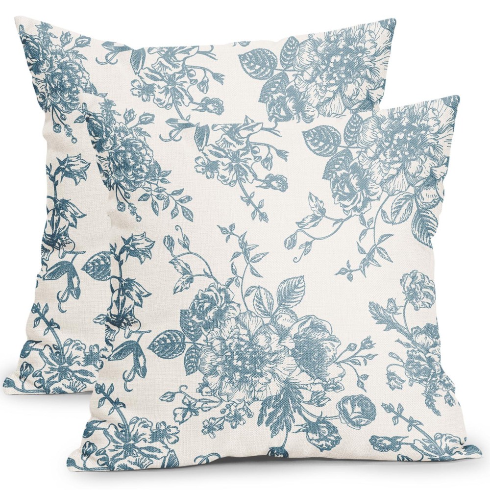 Smoke Blue And Cream Floral Pillow Covers 18X18 Inch Set Of 2 Vintage Floral Throw Pillow Covers Chinoiserie Flower Pillowcases