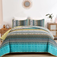 Wongs Bedding Boho Quilt Set Queen Size Bohemian Yellow 3 Pieces Bedspread Quilts Set Stripe Lightweight Microfiber All Season