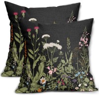 Spring Pillow Covers 20X20 Set Of 2 Sage Green Black Floral Wild Flower Plant Vintage Botanical Print Decorative Throw Pillow Ca