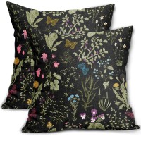 Sorfbliss Spring Floral Pillow Covers 18X18 Set Of 2 Black Sage Green Wild Flower Plant Vintage Botanical Print Decorative Throw