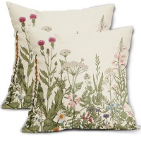 Spring Pillow Covers 18X18 Set Of 2 Sage Green Floral Wild Flower Plant Vintage Botanical Print Decorative Throw Pillow Cases Ou