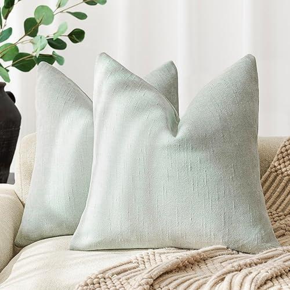 Foindtower Set Of 2 Soft Textured Chenille Throw Decorative Pillow Covers Square Accent Solid Cushion Cover Cozy Neutral Farmhouse Pillow Case For Couch Sofa Bedroom Living Room 20X20 Inch  Sage Green