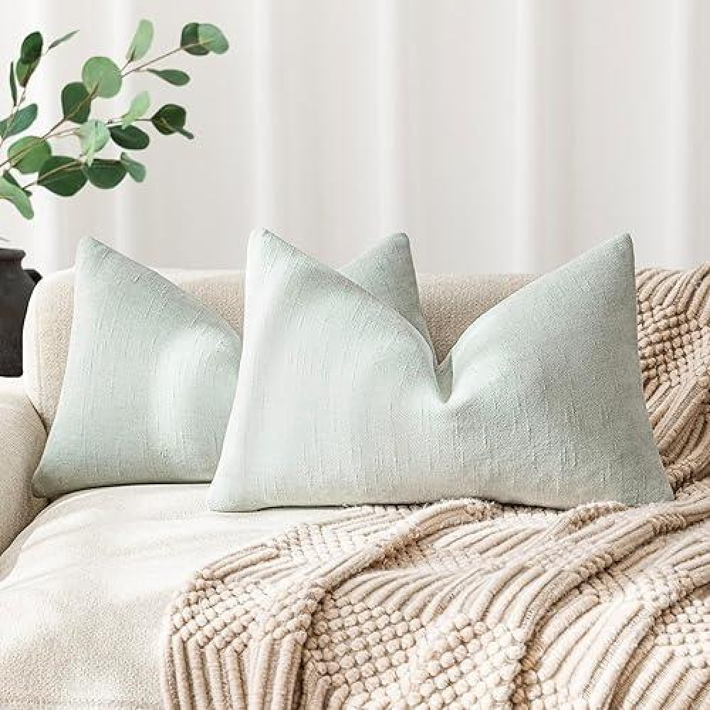 Foindtower Pack Of 2 Soft Textured Throw Decorative Pillow Covers Square Accent Solid Cushion Cover Cozy Farmhouse Pillow Case With Zipper For Couch Sofa Bedroom Living Room 12X20 Inch  Sage Green