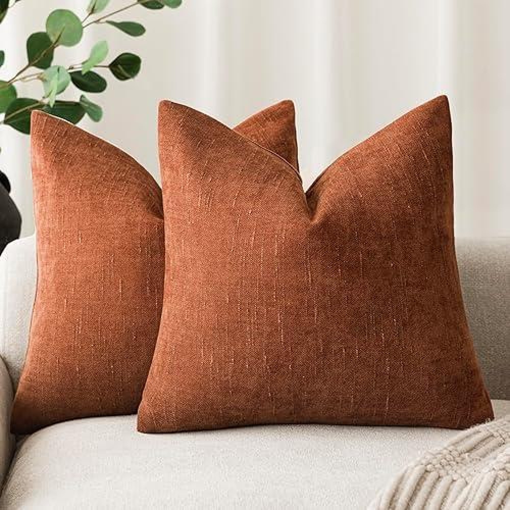 Foindtower Pack Of 2 Soft Textured Throw Decorative Pillow Covers Square Accent Solid Cushion Cover Cozy Farmhouse Pillow Case With Zipper For Couch Sofa Bed Living Room 18X18 Inch  Burnt Orange