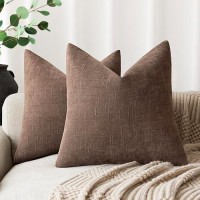 Foindtower Pack Of 2 Soft Textured Chenille Throw Decorative Pillow Covers Square Accent Solid Cushion Cover Cozy Neutral Farmhouse Pillow Case For Couch Sofa Bedroom Living Room 18X18 Inch  Chocolate