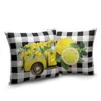 Kwlegh Summer Lemon Pillow Covers Yellow Truck With Yellow Lemon Blossom Throw Pillow Covers Black Buffalo Plaid Cushion Case 18