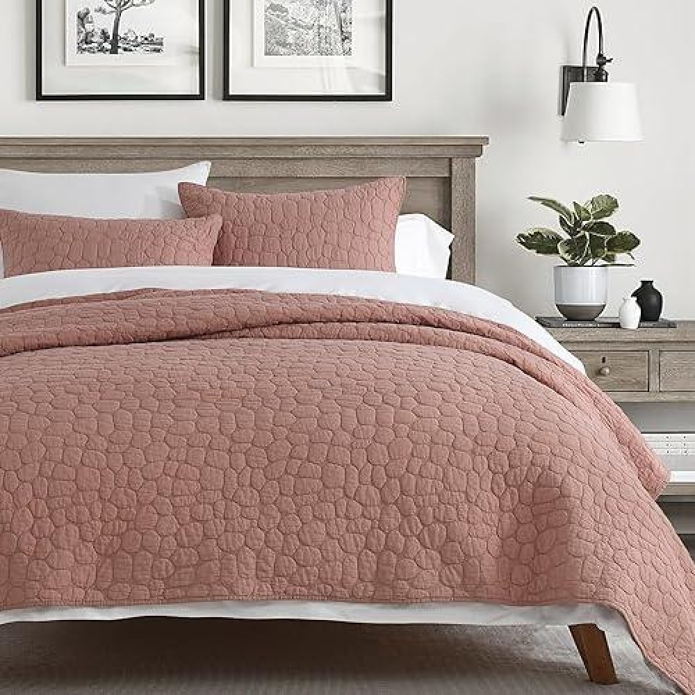 Horimote Home 100% Cotton Quilt Set Queen Size  Cameo Rose Pre-Washed Bedspreads Coverlet Set With Cobblestone Pattern  Cozy Lightweight Stitching Decorative Bedding Cover For All Seasons