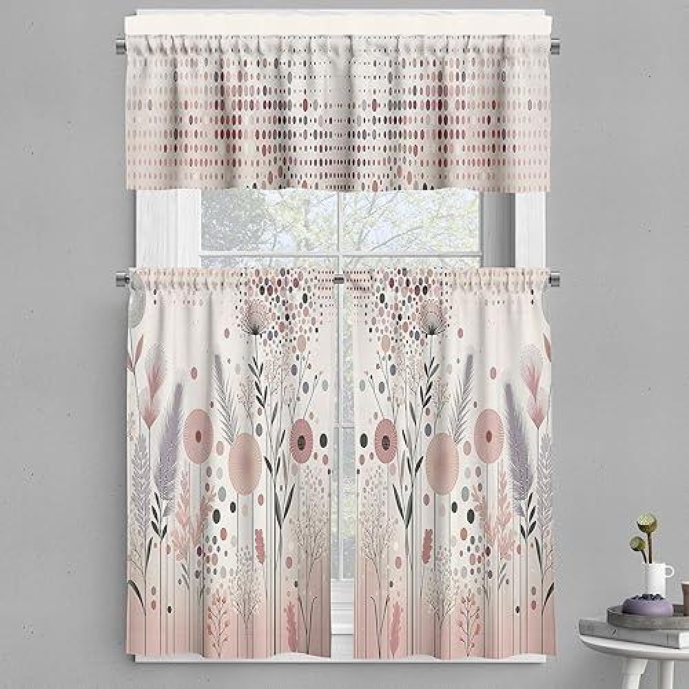 Ambesonne Pastel Valance Tier Curtain 3 Pcs Set Pastel Abstract Botanical Ornament With Halftone Dots Delicate Meadow Window