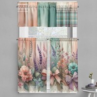 Ambesonne Floral Valance Tier Curtain 3 Pcs Set Modern Plaid And Tribals Wild Flowery With Bows On Farmhouse Back Print Wind