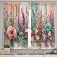 Ambesonne Floral Valance Tier Curtain 3 Pcs Set Modern Plaid And Tribals Wild Flowery With Bows On Farmhouse Back Print Wind