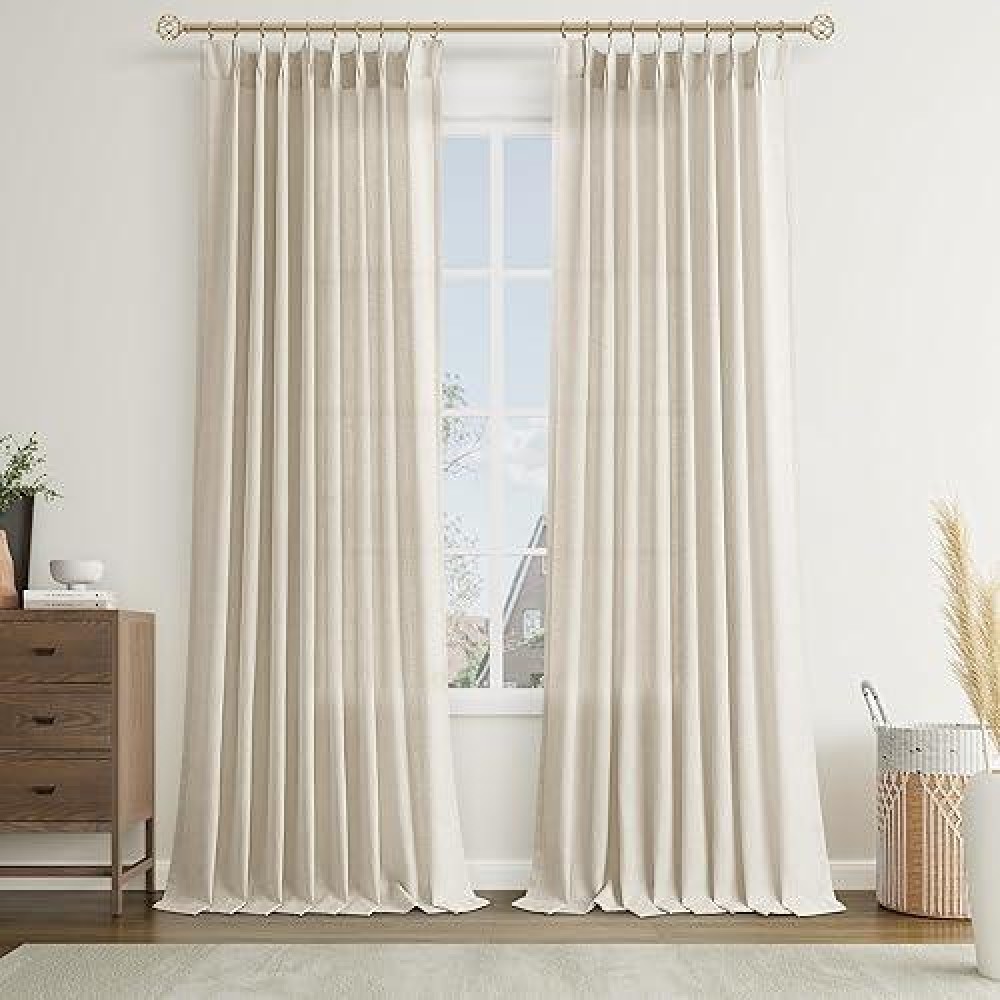 Joywell Linen Pinch Pleated Curtains 100 Inches Long Back Tab Clip Rings Window Semi Sheer Light Filtering Modern Flax Drapes Wi