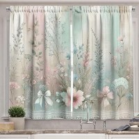 Ambesonne Floral Art Kitchen Curtains  Minty Aura Romance Flowers With Autumn Leaves Oriental Lace Details Print  Window Drapes 2 Panel Set For Kitchen Cafe Decor  55