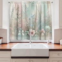 Ambesonne Floral Art Kitchen Curtains  Minty Aura Romance Flowers With Autumn Leaves Oriental Lace Details Print  Window Drapes 2 Panel Set For Kitchen Cafe Decor  55