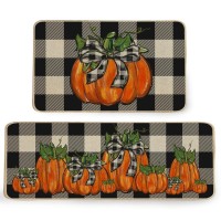 Geeory Fall Kitchen Mats Set Of 2 Buffalo Plaid Pumpkins Bowknot Floor Mat Farmhouse Seasonal Holiday Thanksgiving Decorations