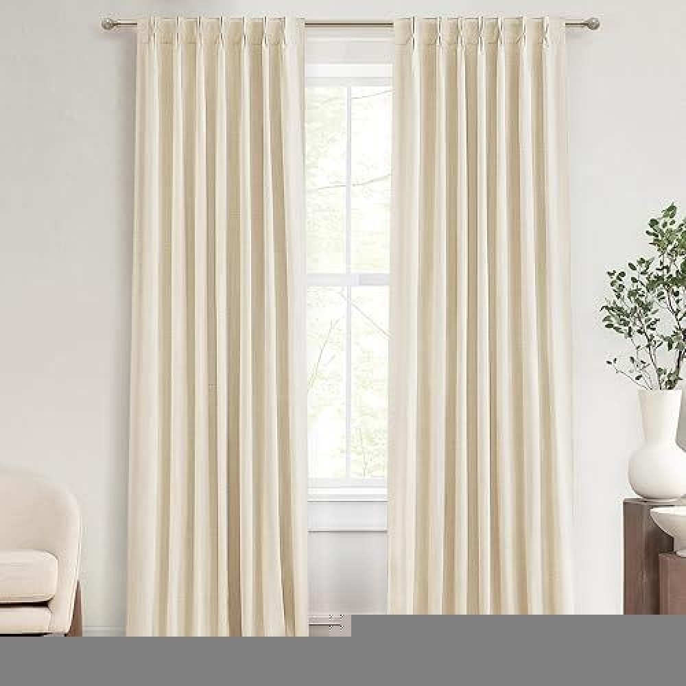 Light Beige 105 Inch Custom Long 100% Blackout Curtains For Living Room  Darkening Summer Heat Blocking Window Curtains For Bedroom  Natural Linen 8-3/4Ft Ring And Hook Pinch Pleated Drapes 2 Panels