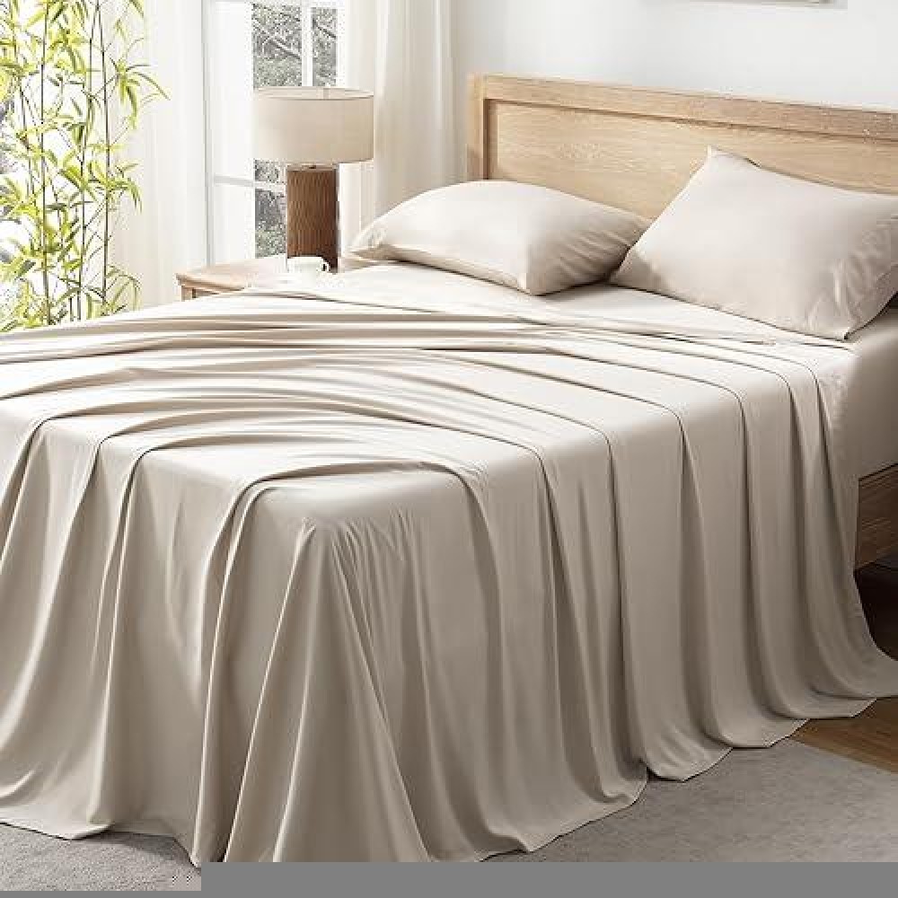 Andency Full Size Bed Sheets 100 Viscose Derived From Bamboo Beige Cooling Full Sheets Deep Pocket Up To 16 Silky Soft Be