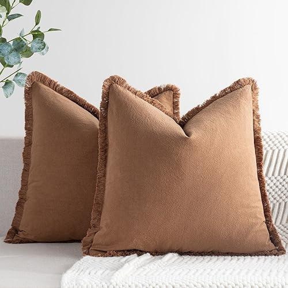 Zwjd Pillow Covers 18X18 Set Of 2 Camel Throw Pillow Covers With Fringe Chic Cotton Decorative Pillows Square Cushion Covers For Sofa Couch Bed Living Room Farmhouse Boho Decor