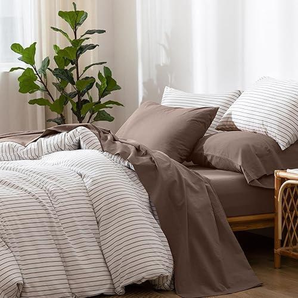 Moomee Bedding Sheet Set 100 Washed Cotton Linen Like Textured Breathable Durable Soft Comfy Brown Queen