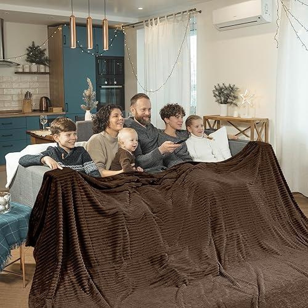 Vessia Flannel Fleece Oversized King Size Blanket(120X120Inch)  300Gsm Cozy Brown Stripe Bed Blanket For Couch  Sofa And Bed  Warm And Soft Chocolate Microfiber Ribbed Blanket For All Season