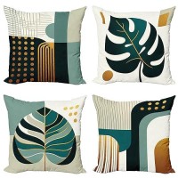 Ambesonne Mid Century Geometric Throw Pillow Cushion Cover Set Of 4 Modern Monstera Leaf Design With Shapes With Retro Inspirat