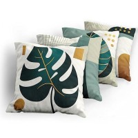 Ambesonne Mid Century Geometric Throw Pillow Cushion Cover Set Of 4 Modern Monstera Leaf Design With Shapes With Retro Inspirat