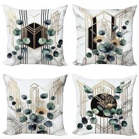 Ambesonne Eucalyptus Throw Pillow Cushion Cover Set Of 4 Watercolor Branches And Geometric Modern Motives On Marble Print Back