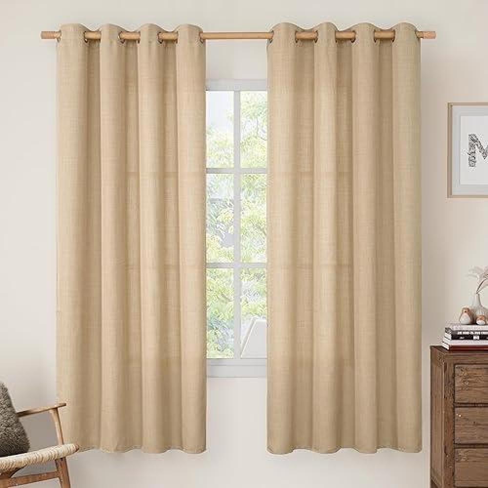 Lamit Natural Tan Linen Curtains 68 Inch Length 2 Panels Set Grommet Thick Linen Bedroom Drapes Light Filtering Privacy Window