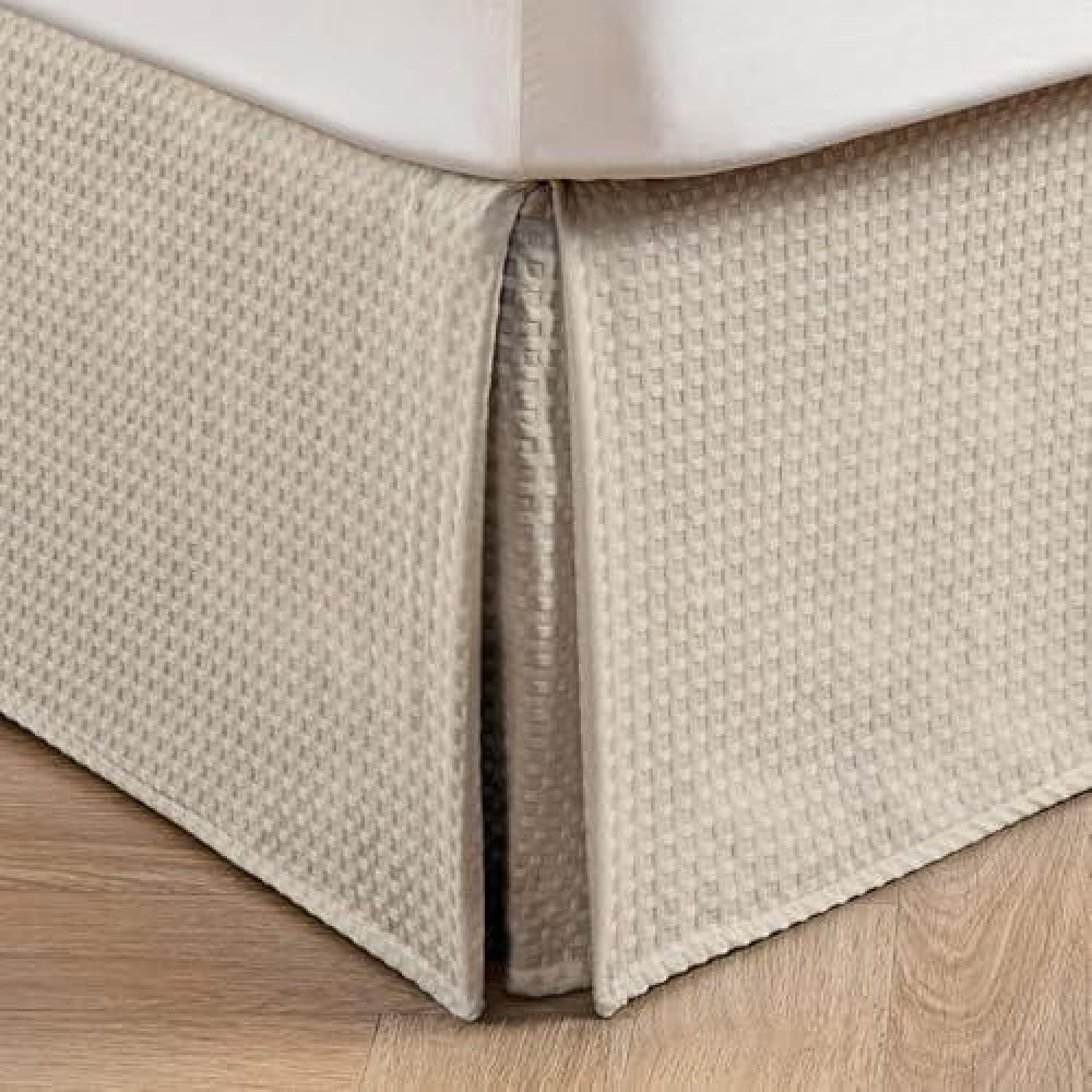 Miye Pleated Waffle Weave Bed Skirt Tailored Dust Ruffle 18 Inch Drop Easy Fit Machine Washable Cream Queen 18 Drop