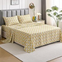 Floral Full Sheet Set Yellow Flower Bedding Sheets Printed Sheets 4 Piece Soft Microfiber Botanical Patterned Fitted Sheet Wit