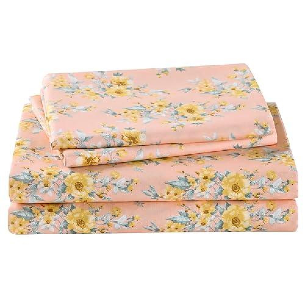 Floral Full Sheet Set Yellow Flower Bedding Sheets Printed Sheets 4 Piece Soft Microfiber Botanical Patterned Fitted Sheet Wit