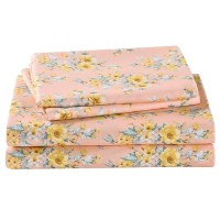 Floral Full Sheet Set Yellow Flower Bedding Sheets Printed Sheets 4 Piece Soft Microfiber Botanical Patterned Fitted Sheet Wit