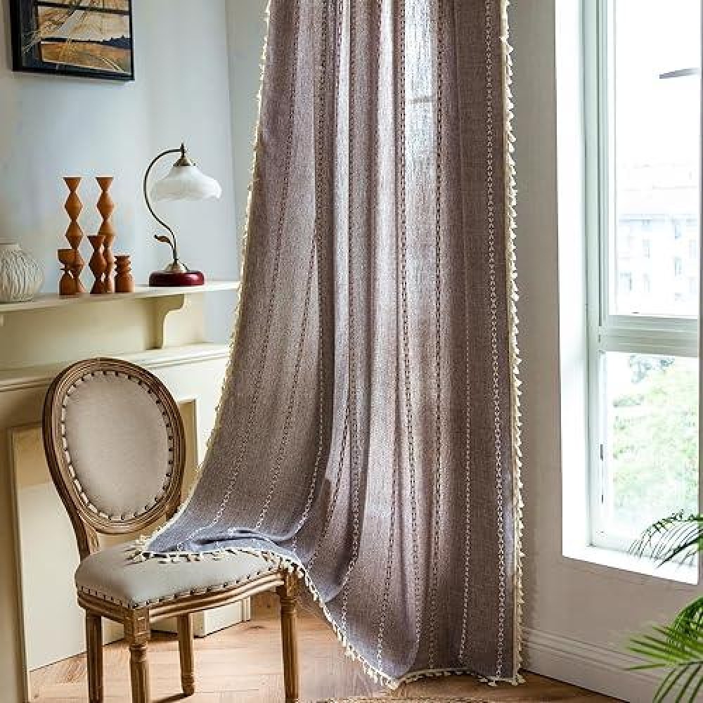 Deeprove Brown Boho Curtains 84 Inches Long For Bedroom Living Room  Dark Coffee Bohemian 84 Inches Length Embroidery Cottage Farmhouse Privacy Style Tassel Window Treatments  1 Panel W52 X L84