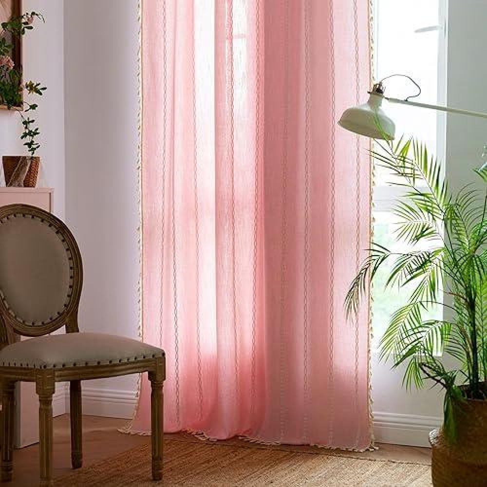 Deeprove Pink Boho Curtains 84 Inches Length For Baby Girl Bedroom Nursery  Blush Bohemian 84 Inches Long Embroidery Farmhouse Light Filter Privacy Style Tassel Window Treatments  W52 X L84  1 Panel