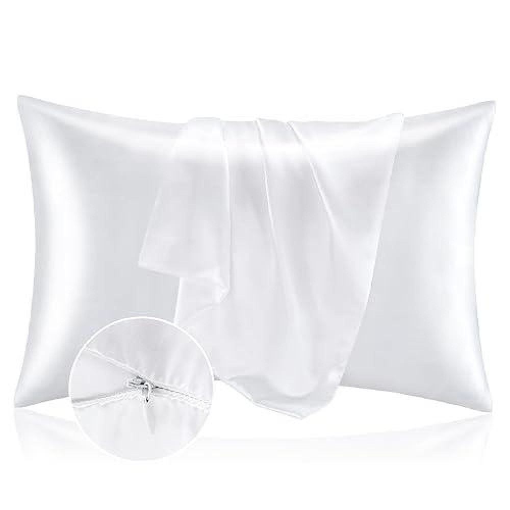 Bedelite Satin Pillowcase With Zipper  White King Size Pillow Cases Set Of 2  Super Soft And Cooling Similar To Silk Pillow Cases  Gift For Women Men(20X36 Inches)