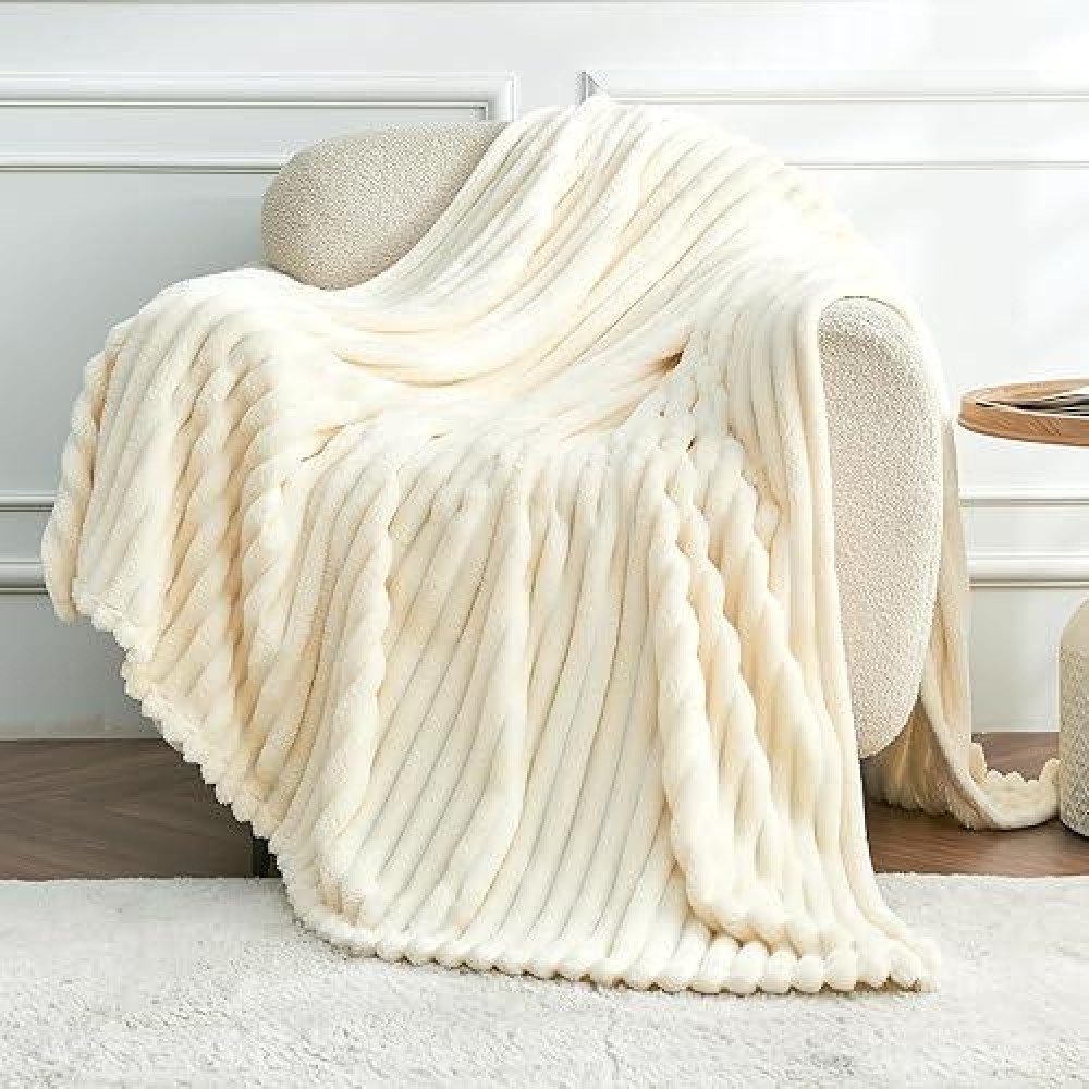 Dissa Fleece Blanket Throw Size - 60X80  Wide Stripe  Beige - Soft  Plush  Fluffy  Fuzzy  Warm  Cozy - Perfect Throw For Couch  Bed  Sofa - Flannel Blanket Throw Blanket