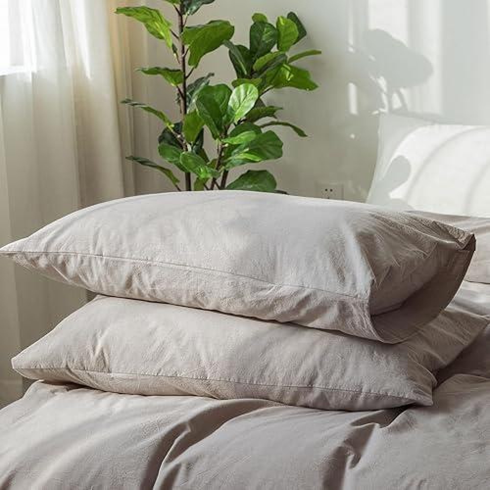 Moomee Bedding Pillowcases Pack Of 2 100 Washed Cotton Linen Like Textured Breathable Durable Soft Comfy Brownish Grey Standa