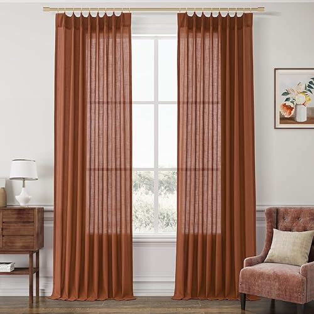 Joywell Linen Pinch Pleated Curtains 108 Inch Long Floor Length Back Tab Clip Rings Semi Sheer Light Filtering Drapes With Hooks