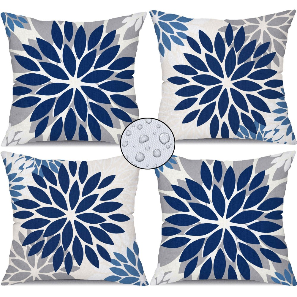 Dfxsz Blue Grey Flower Pillow Covers 18X18 Inch Set Of 4 White Blue Colored Throw Pillows Outdoor Waterproof Decor For Living Ro