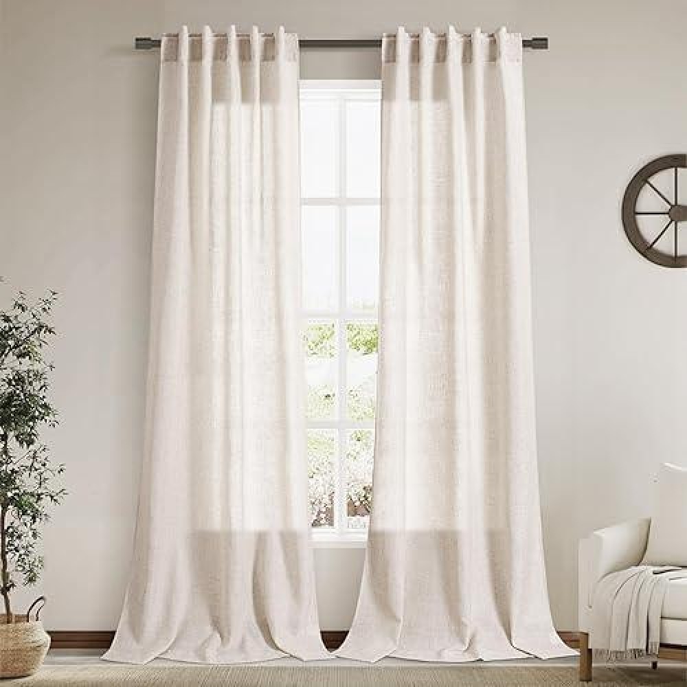 Beige Linen Curtains 96 Inches Long For Living Room 2 Panels Set Back Tab Pocket Canvas Semi Sheer Modern Farmhouse Curtains Bel