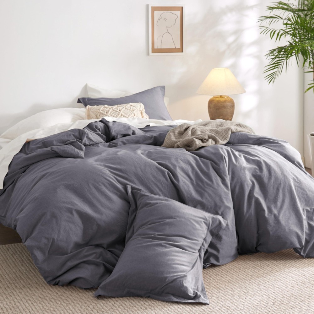 Bedsure 100 Washed Cotton Duvet Cover Queen Dark Grey Minimalist Cotton Duvet Cover Linen Like 3 Pieces Plain Simple Duvet