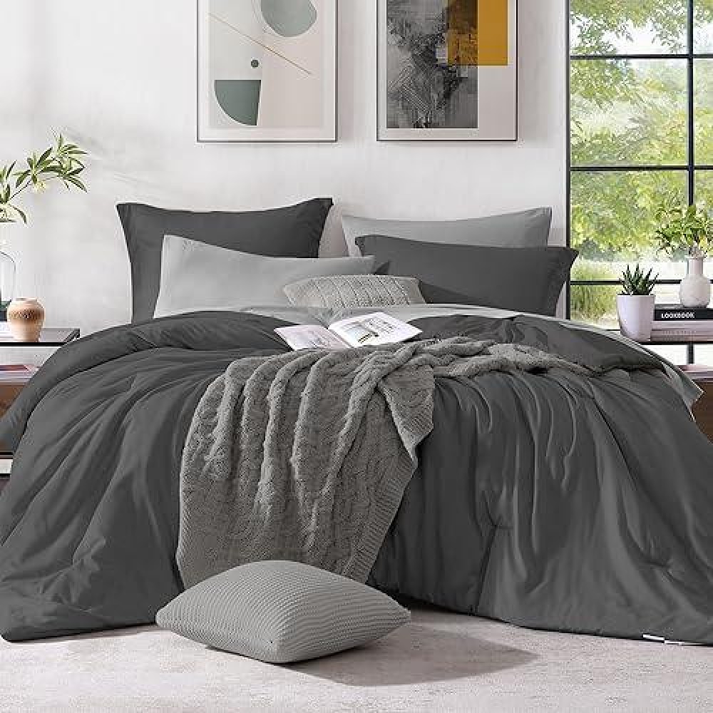 Monbix King Size Comforter Set Dark Grey King Size Bed Set Reversible King Size Comforter Set 7 Pieces Cationic Dyeing Bed In