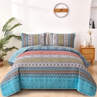 Wongs Bedding Boho Queen Quilt Set Pink And Blue Bohemian Quilt Bedding Set Summer Lightweight Bed Decor Bedspread For All Sea