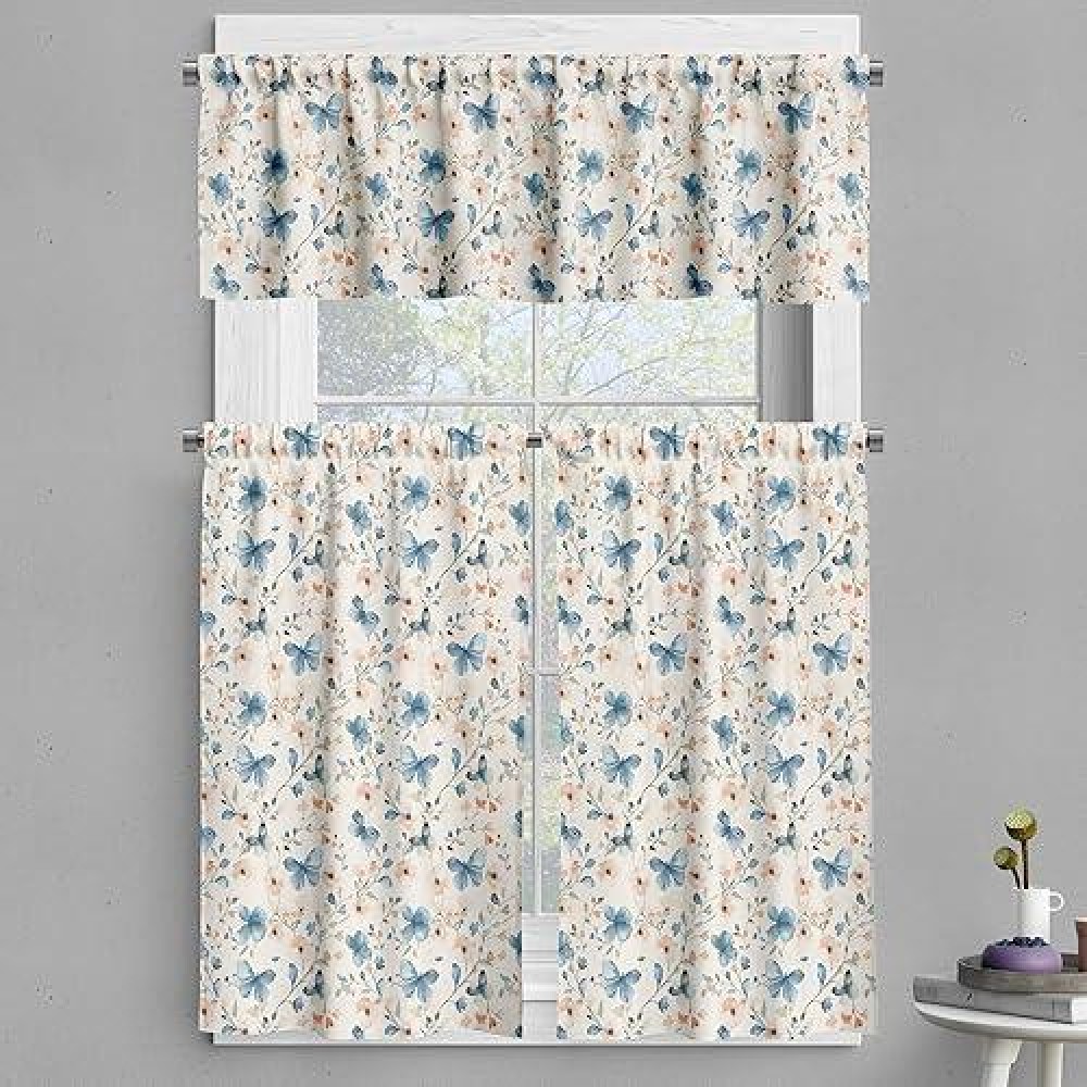 Ambesonne Butterfly Valance Tier Curtain 3 Pcs Set Countryside Theme Farmhouse Delicate Flowers And Butterflies Print Window