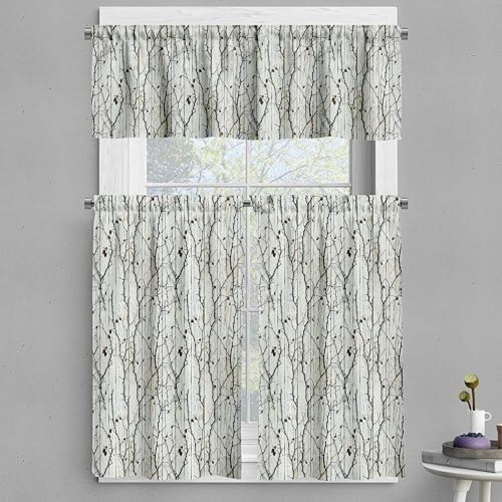 Ambesonne Botanical Valance Tier Curtain 3 Pcs Set Autumn Vibe With Dried Leaves On Vertical Weathered Wood Planks Back Wind