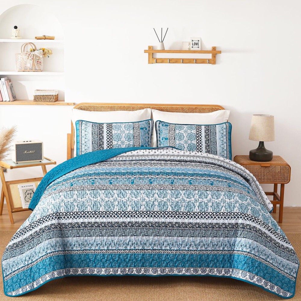 Wongs Bedding Boho Quilt Set Queen Size Teal Blue Bohemian 3 Pieces Quilt Sets Lightweight Summer Bedspread Coverlet Bedding S